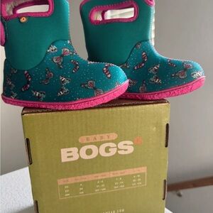 Bogs Teal Boots with Pink Trim and Butterfly Design